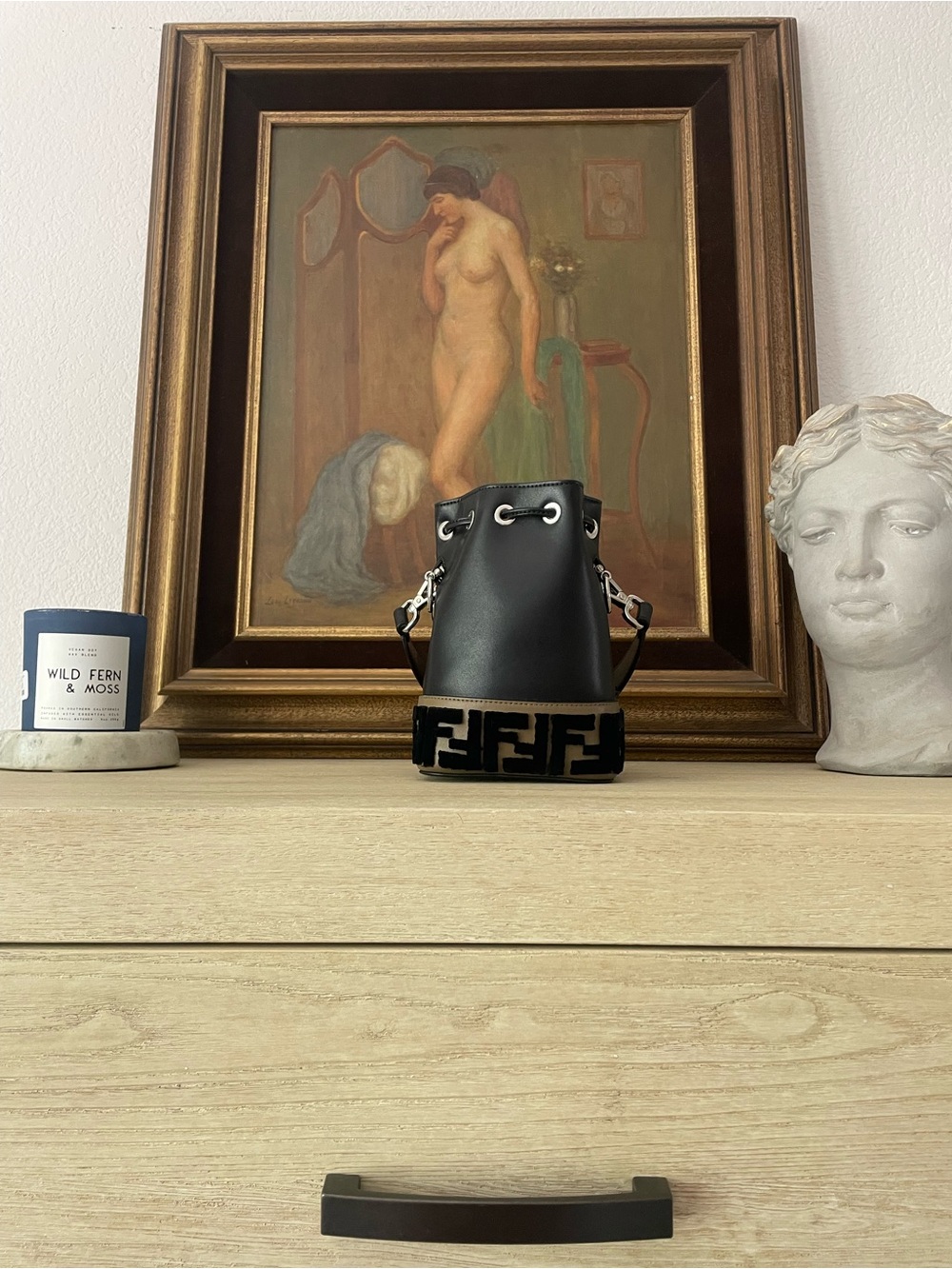 Fendi Black Leather Bucket Bag with FF Velvet Trim
